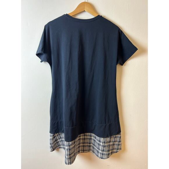 COS Navy Blue Jersey Net Short Sleeve Plaid Bottom Shift MIDI Dress Size Small - Picture 3 of 4